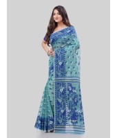 DESH BIDESH Women`s Phulkari Resham Dhakai jamdani Bengal Pure Cotton Handloom Saree Whole Body Design without Blouse Piece (Firoza Blue)